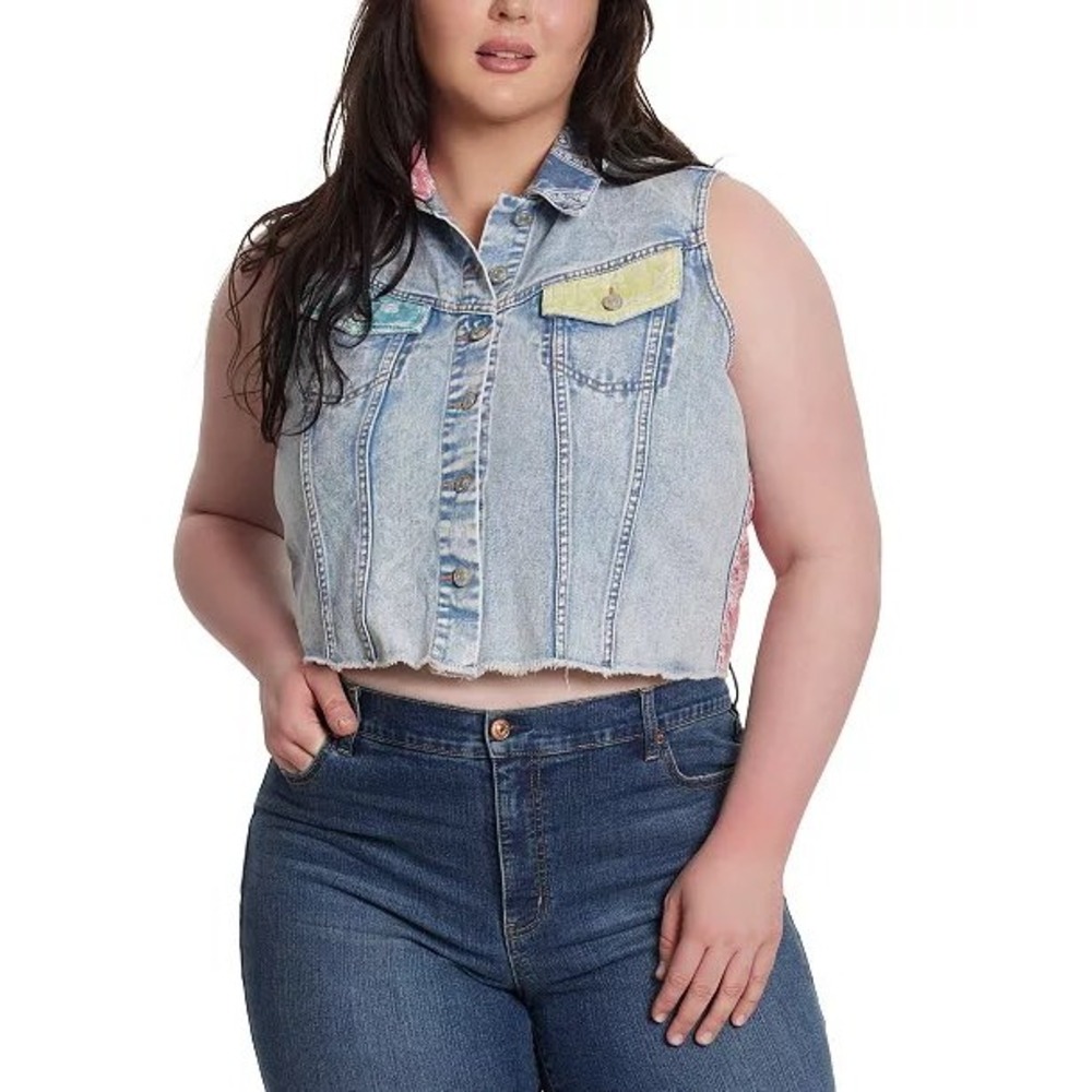 Jessica Simpson Acid Wash Denim Vest Bandana Patchwork Cropped Sleeveless Size3X